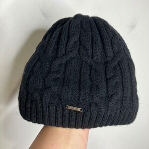 L.L. Bean black cable knit beanie fleece lined wool blend one size fits all‎